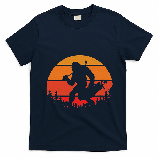 Funny Bigfoot Golf Retro Sasquatch Playing Golf T-Shirt - Navy Blue
