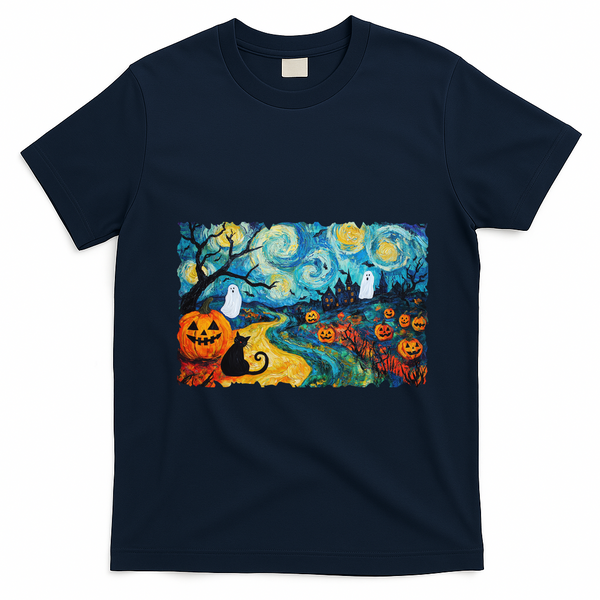 Funny Classic Van Gogh Inspired Halloween Scene T-Shirt - Navy Blue