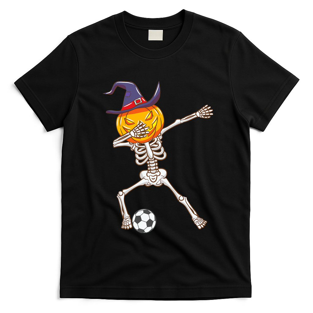 Funny Dabbing Skeleton Pumpkin Head Scary Witch Hat Soccer T-Shirt - Black