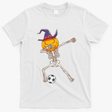 Funny Dabbing Skeleton Pumpkin Head Scary Witch Hat Soccer T-Shirt - White
