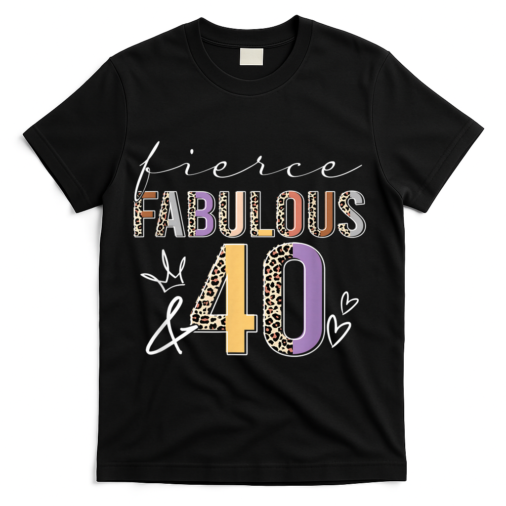 Fierce Fabulous & 40 Years Old Boho Leopard 40th Birthday T-Shirt - Black