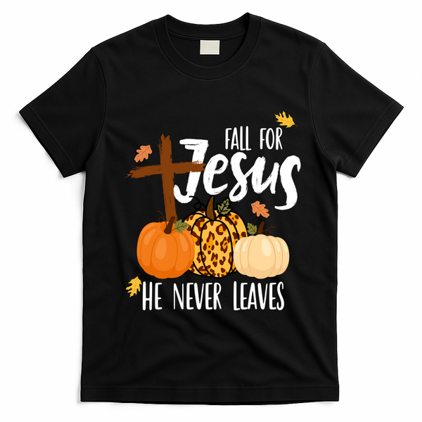 Fall For Jesus He Never Leaves Cross Pumpkin T-Shirt - Black