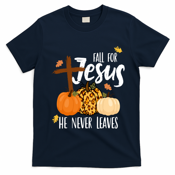 Fall For Jesus He Never Leaves Cross Pumpkin T-Shirt - Navy Blue