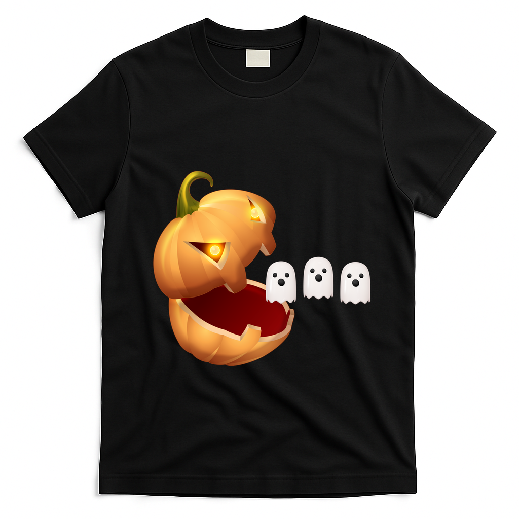 Funny Halloween Pumpkin Eating Ghost T-Shirt - Black