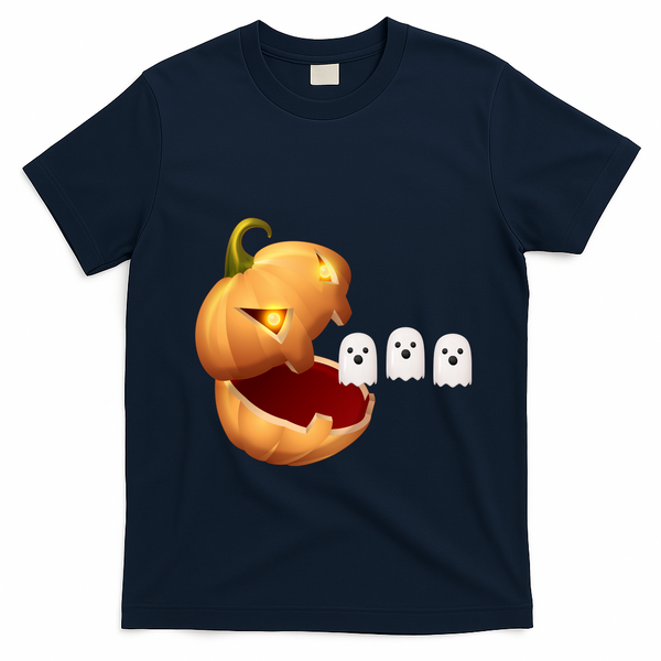 Funny Halloween Pumpkin Eating Ghost T-Shirt - Navy Blue