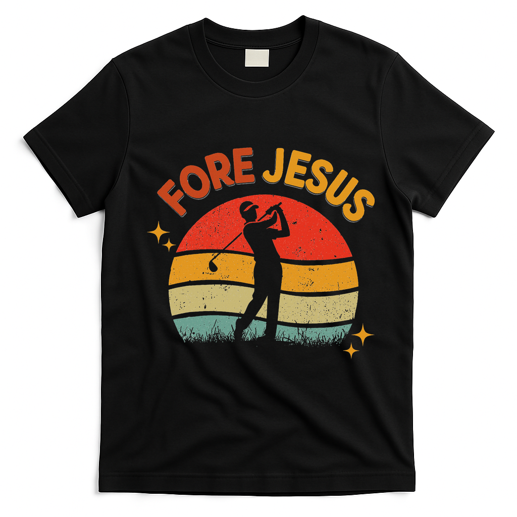 Fore Jesus Christian Golf Retro 70s Religious Golfing 's T-Shirt - Black