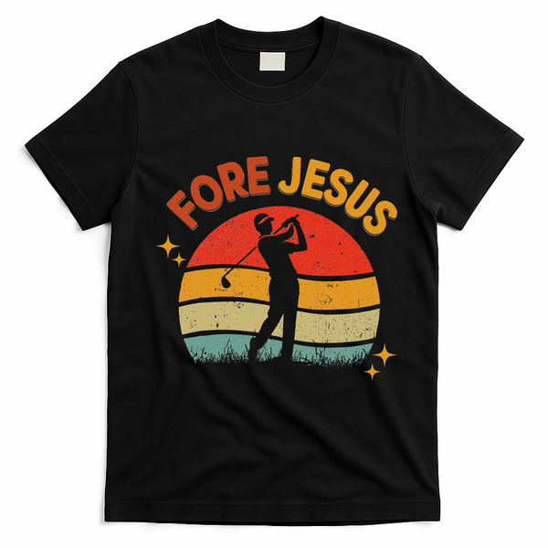 Fore Jesus Christian Golf Retro 70s Religious Golfing 's T-Shirt - Black