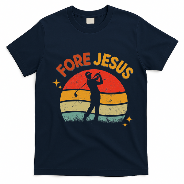 Fore Jesus Christian Golf Retro 70s Religious Golfing 's T-Shirt - Navy Blue