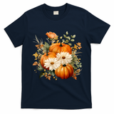 Fall Pumpkin Floral Holiday T-Shirt - Navy Blue