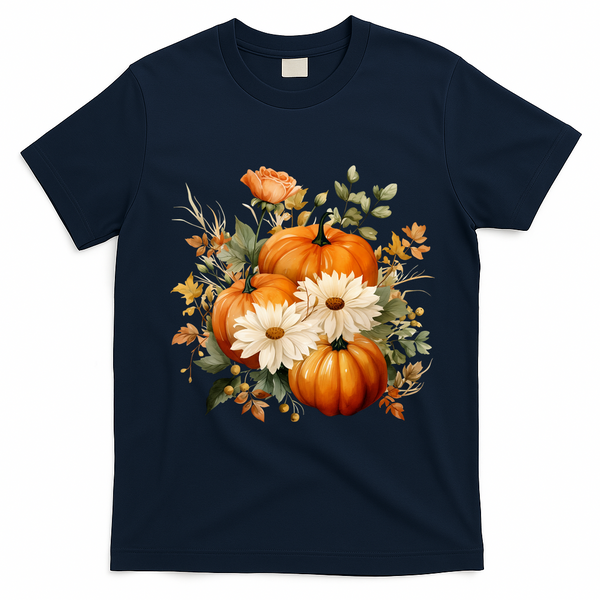 Fall Pumpkin Floral Holiday T-Shirt - Navy Blue