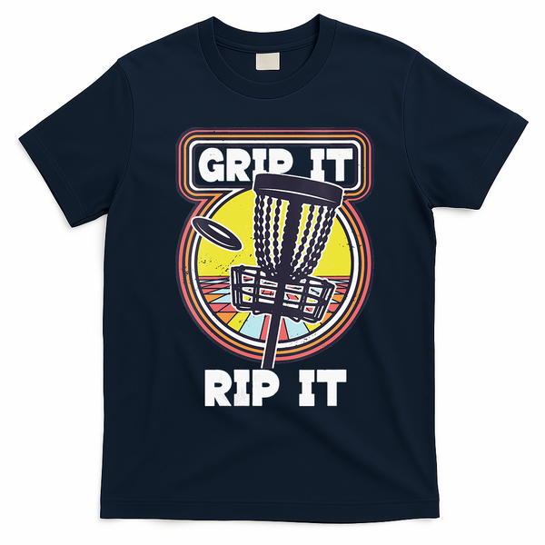 Funny Retro Grip and Rip It Disc Golf T-Shirt - Navy Blue