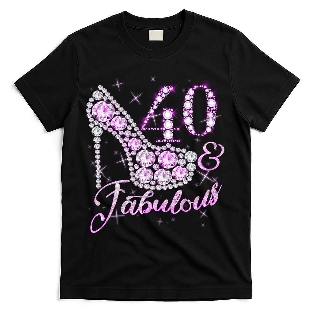 Fabulous & 40 Sparkly Shiny Heel 40th Birthday T-Shirt - Black
