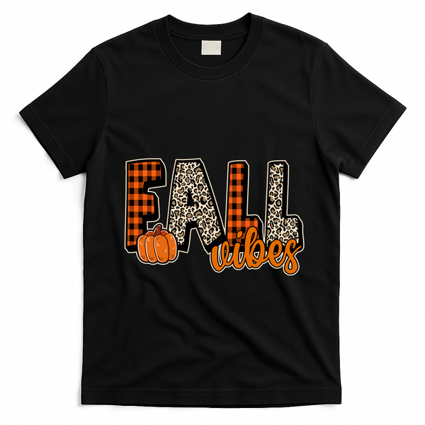 Fall Vibes Pumpkin Plaid Cheetah T-Shirt - Black