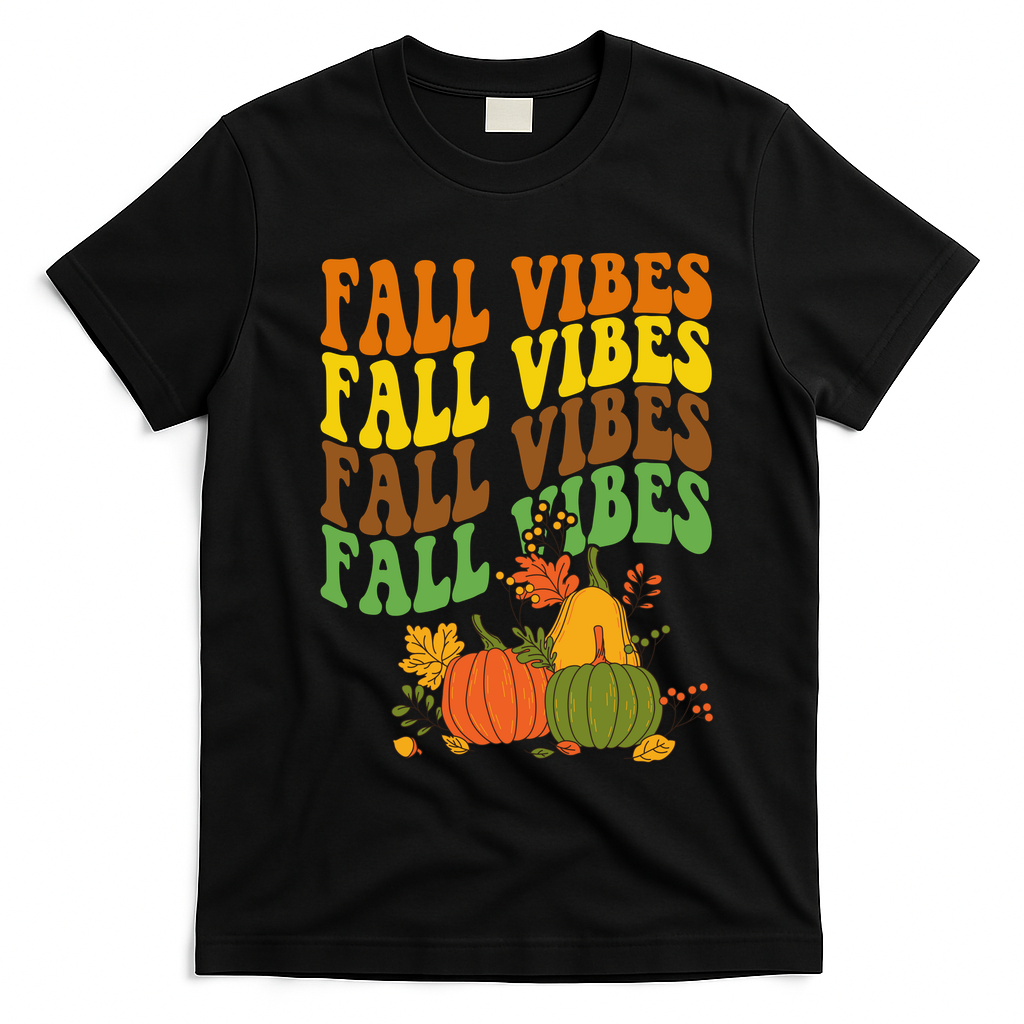Fall Vibes Season Retro Pumpkin T-Shirt - Black