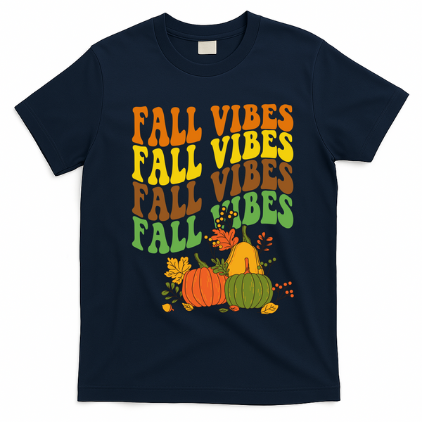 Fall Vibes Season Retro Pumpkin T-Shirt - Navy Blue
