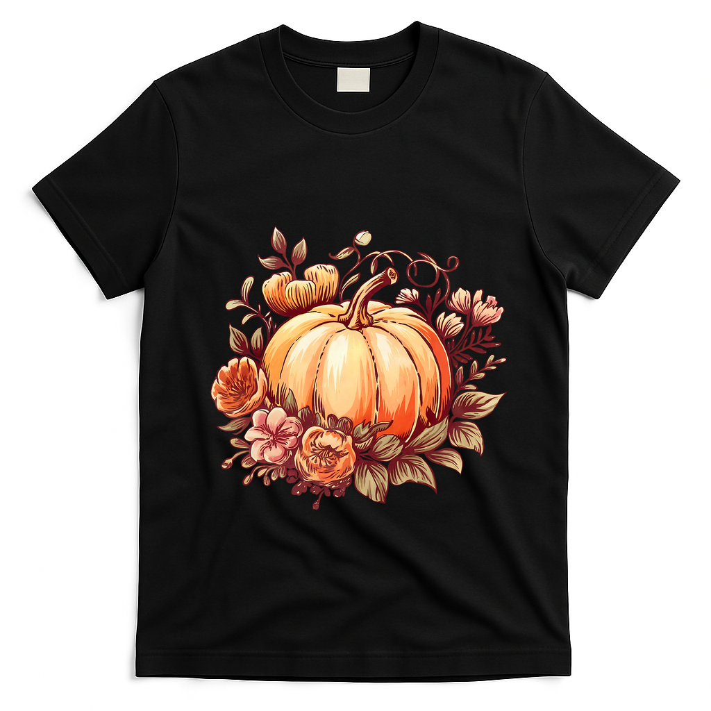 Fall Women Autumn Pumpkin Graphic Vintage Thanksgiving T-Shirt - Black