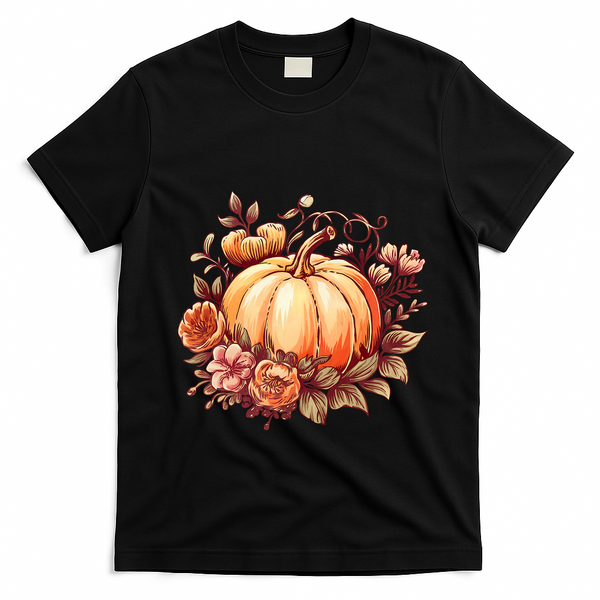 Fall Women Autumn Pumpkin Graphic Vintage Thanksgiving T-Shirt - Black