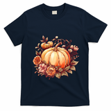 Fall Women Autumn Pumpkin Graphic Vintage Thanksgiving T-Shirt - Navy Blue
