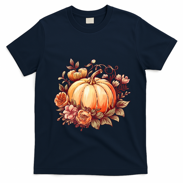 Fall Women Autumn Pumpkin Graphic Vintage Thanksgiving T-Shirt - Navy Blue