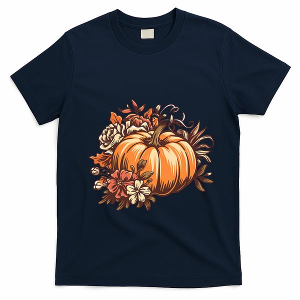 Fall Women Vintage Pumpkin Autumn Graphic Thanksgiving T-Shirt - Navy Blue