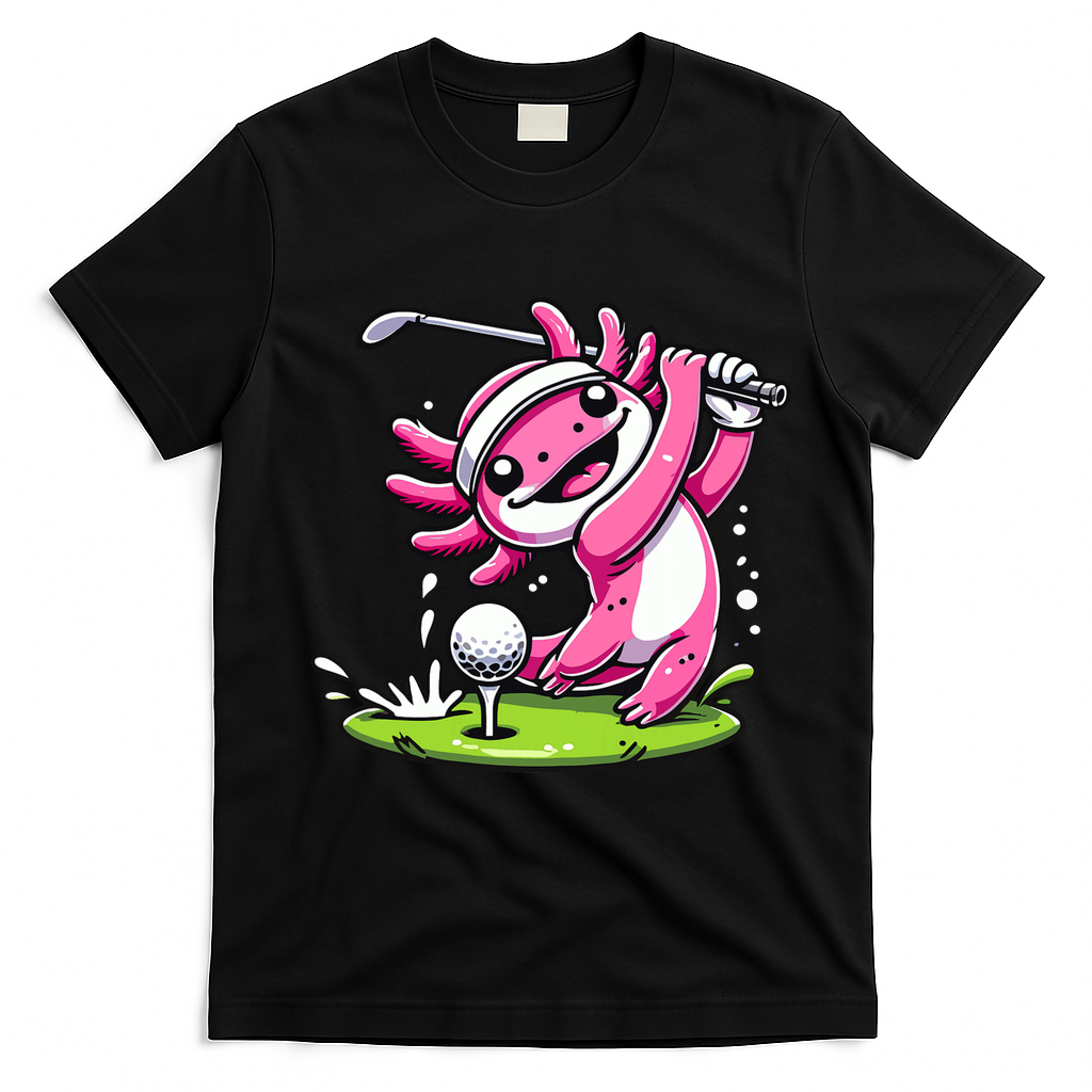 Golfer Axolotl Playing Golf, Golf Player Sports T-Shirt - Black