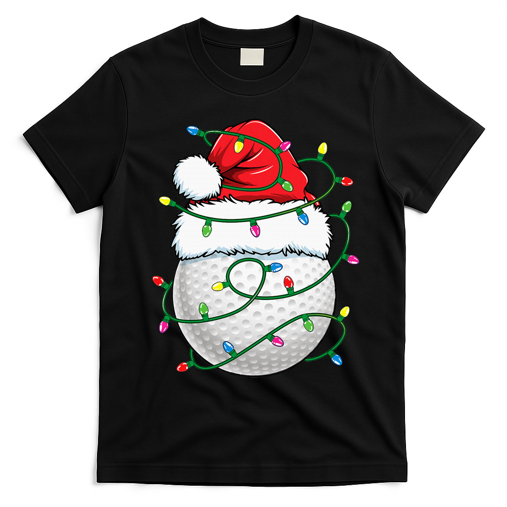 Golf Ball Santa Hat S Christmas Golfing Xmas Lights T-Shirt - Black