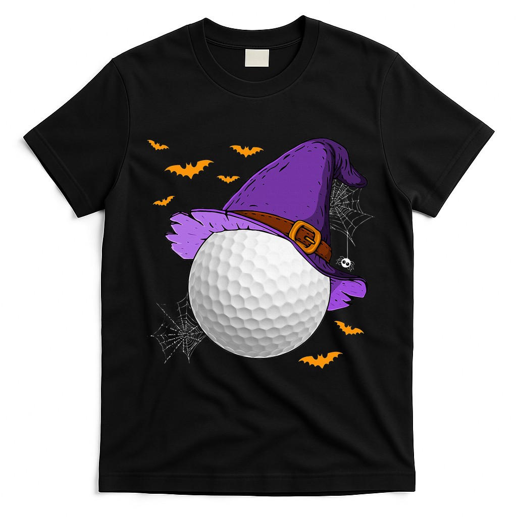 Golf Ball Witch Hat Pumpkin Spooky Halloween Costume T-Shirt - Black