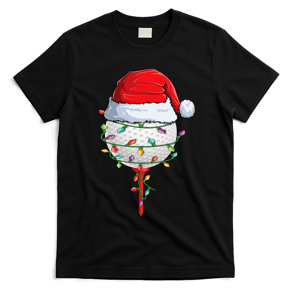Golfing Christmas Pajama Funny Holiday Santa Hat T-Shirt - Black