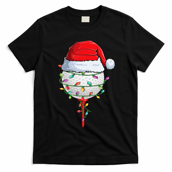 Golfing Christmas Pajama Funny Holiday Santa Hat T-Shirt - Black
