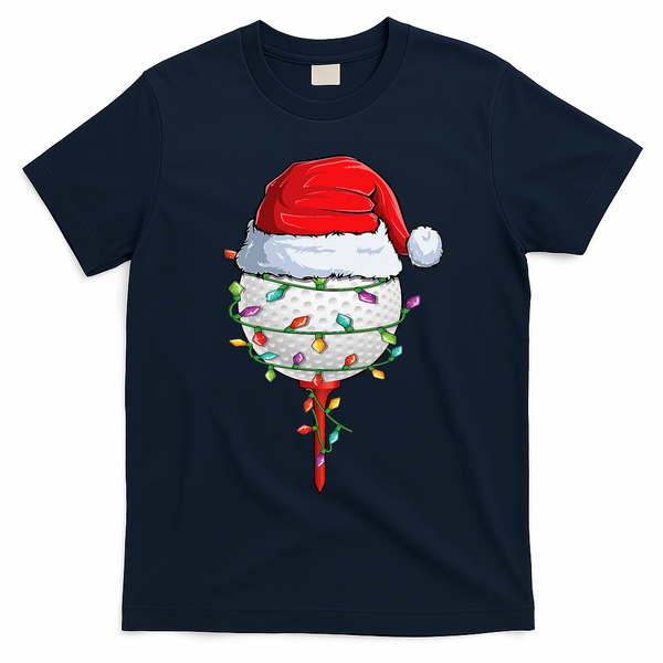 Golfing Christmas Pajama Funny Holiday Santa Hat T-Shirt - Navy Blue