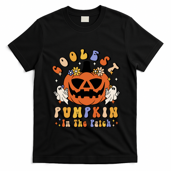 Groovy Coolest Pumpkin In The Patch Ghost Halloween Costume Gift T-Shirt - Black