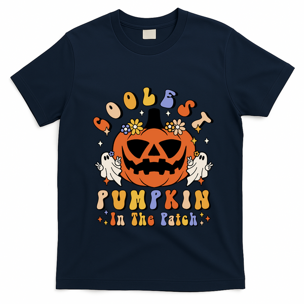 Groovy Coolest Pumpkin In The Patch Ghost Halloween Costume Gift T-Shirt - Navy Blue