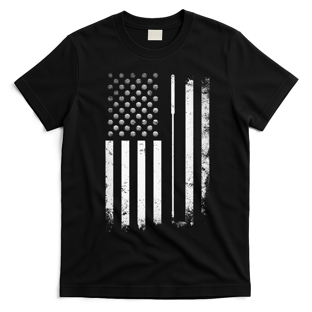 Golf Golfer American Flag Golf Flat T-Shirt - Black