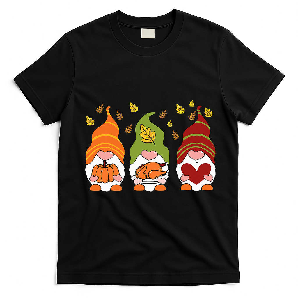 Gnomes Pumpkin Turkey Thanksgiving Day Cute Fall Autumn T-Shirt - Black