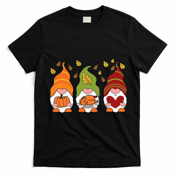Gnomes Pumpkin Turkey Thanksgiving Day Cute Fall Autumn T-Shirt - Black