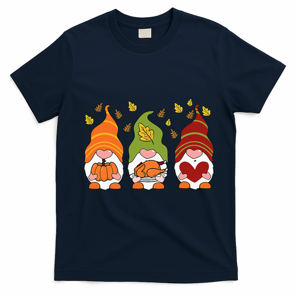 Gnomes Pumpkin Turkey Thanksgiving Day Cute Fall Autumn T-Shirt - Navy Blue