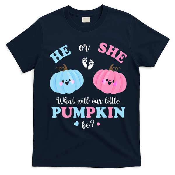 Gender Reveal Party Cute Pumpkin Baby Shower Mom and Dad T-Shirt - Navy Blue