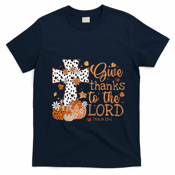 Give Thanks To The Lord Jesus Cross Pumpkin Thanksgiving T-Shirt - Navy Blue