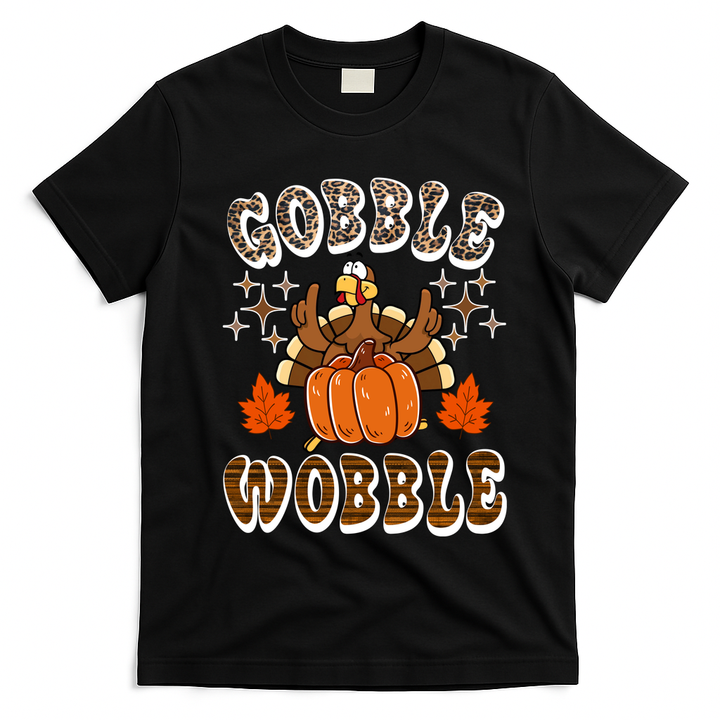 Gooble Wobble Turkey Thanksgiving Holiday Cheetah T-Shirt - Black
