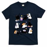 Halloween Bookish Cute Ghost Black Cat Reading Books Spooky Gift T-Shirt - Navy Blue