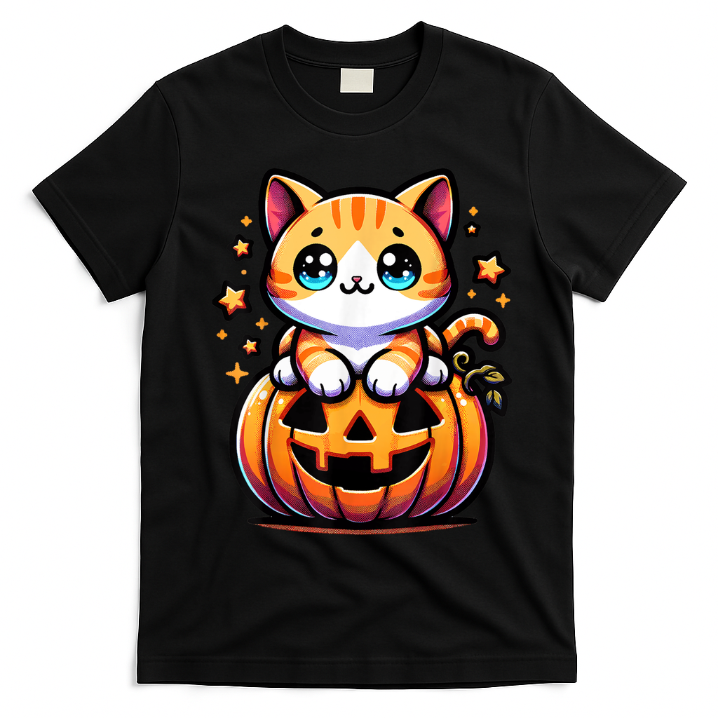 Halloween Cat Funny Fall Pumpkin Cat Lover Cute T-Shirt - Black