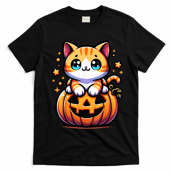 Halloween Cat Funny Fall Pumpkin Cat Lover Cute T-Shirt - Black