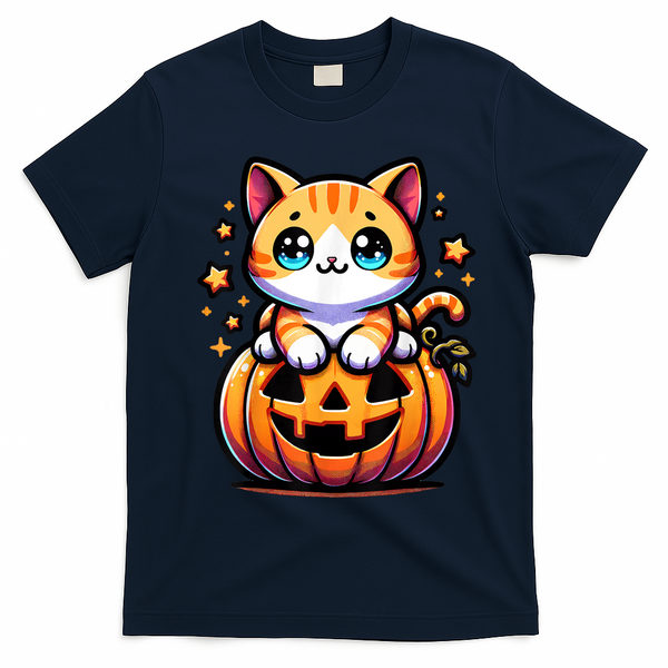 Halloween Cat Funny Fall Pumpkin Cat Lover Cute T-Shirt - Navy Blue