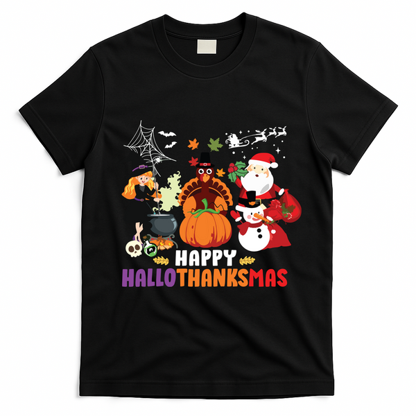 Halloween Christmas Happy Hallothanksmas Thanksgiving T-Shirt - Black