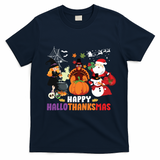 Halloween Christmas Happy Hallothanksmas Thanksgiving T-Shirt - Navy Blue