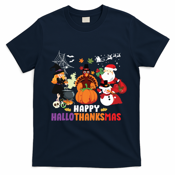 Halloween Christmas Happy Hallothanksmas Thanksgiving T-Shirt - Navy Blue