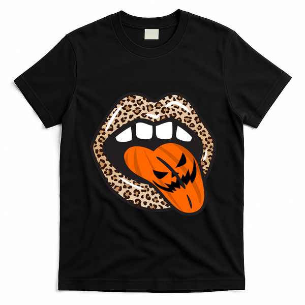 Halloween Cheetah Lips Pumpkin T-Shirt - Black