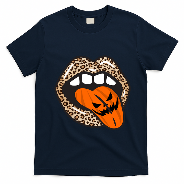 Halloween Cheetah Lips Pumpkin T-Shirt - Navy Blue