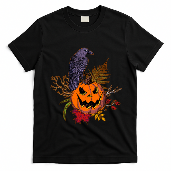 Halloween Crow Raven Pumpkin Fall Autumn Lover T-Shirt - Black