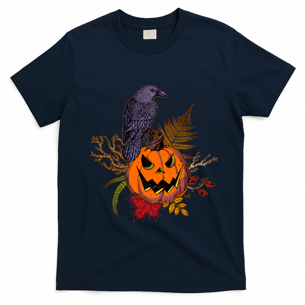 Halloween Crow Raven Pumpkin Fall Autumn Lover T-Shirt - Navy Blue